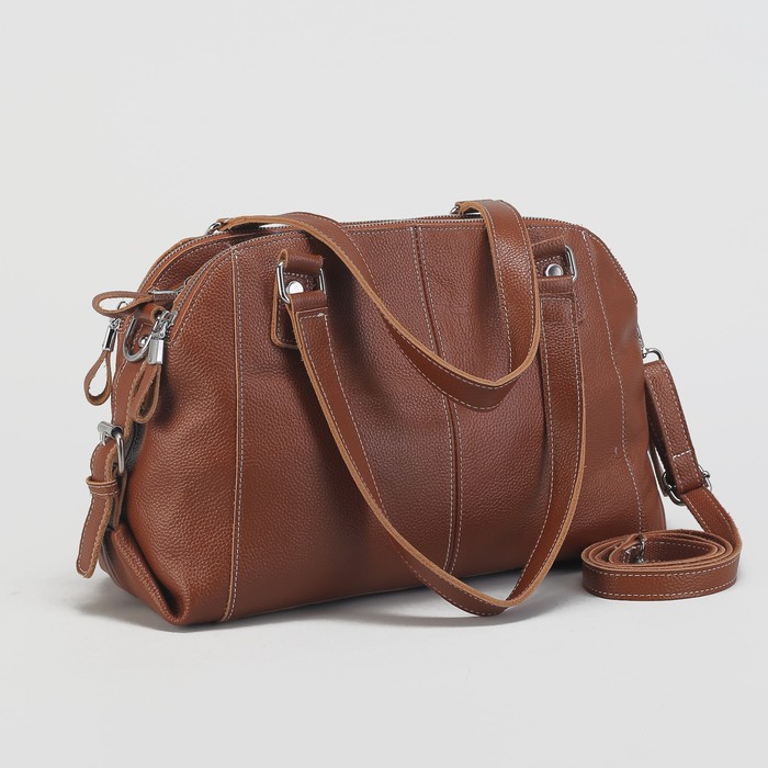 Сумка женская на молнии, 3 отдела, наружный карман, длинный ремень, цвет рыжий