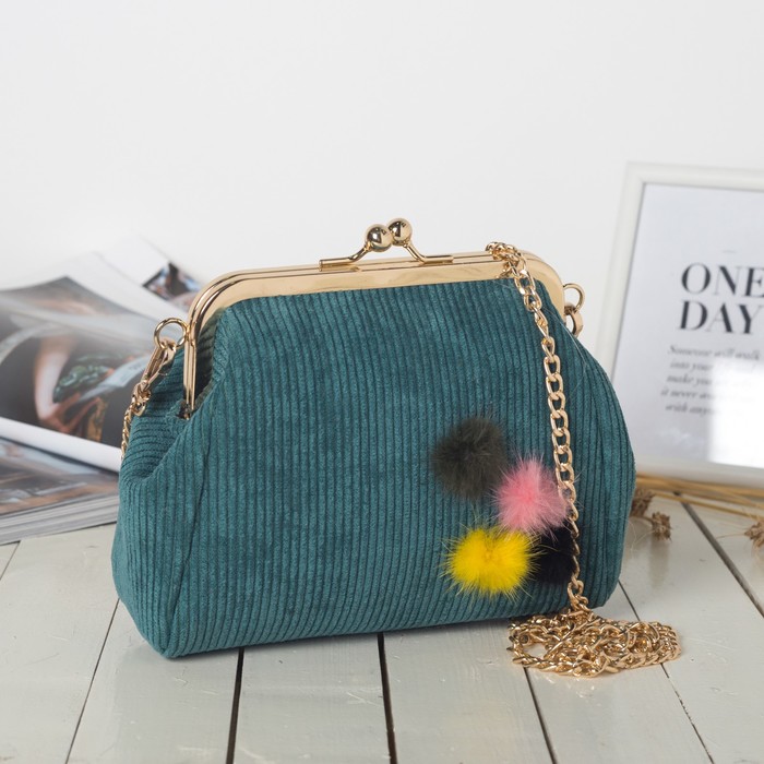 Сумка женская на фермуаре, 1 отдел, длинная цепь, цвет морская волна