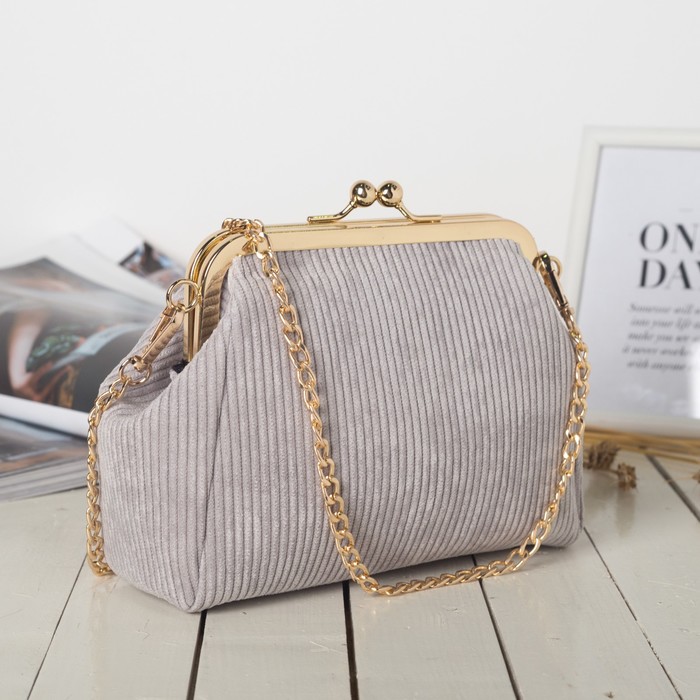 Сумка женская на фермуаре, 1 отдел, длинная цепь, цвет серый