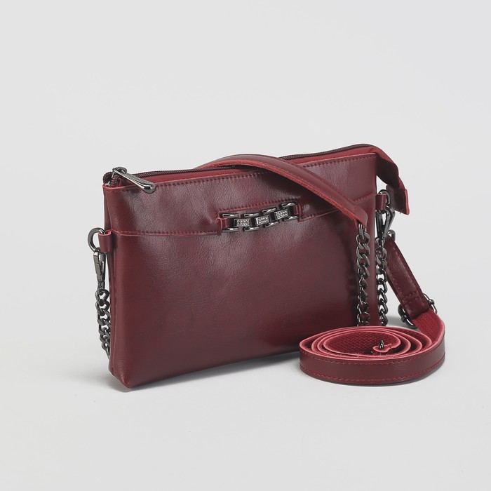 Клатч женский на молнии, 1 отдел с перегородкой, наружный карман, длинный ремень, цвет бордовый