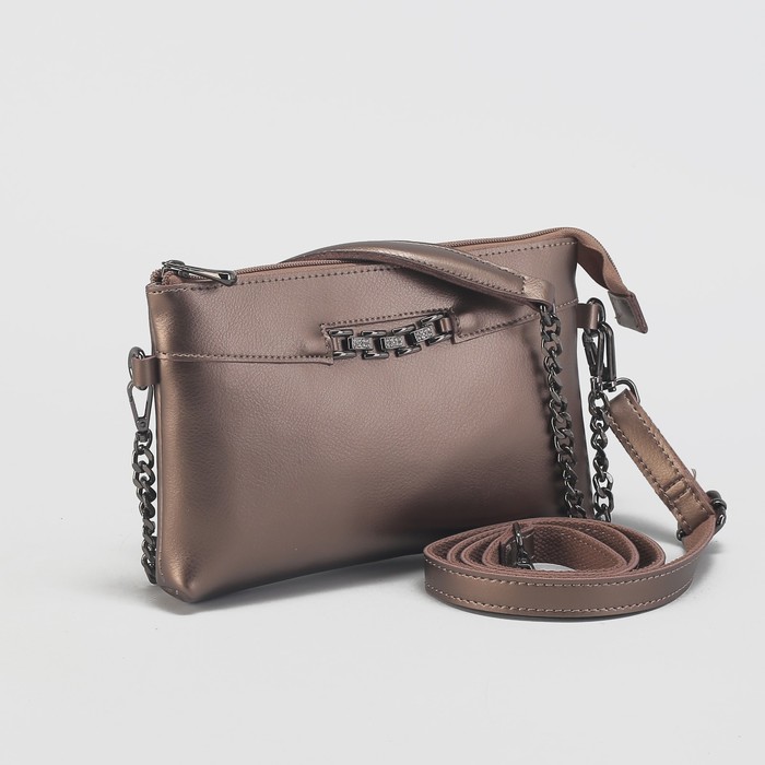 Клатч женский на молнии, 1 отдел с перегородкой, наружный карман, длинный ремень, цвет бронзовый