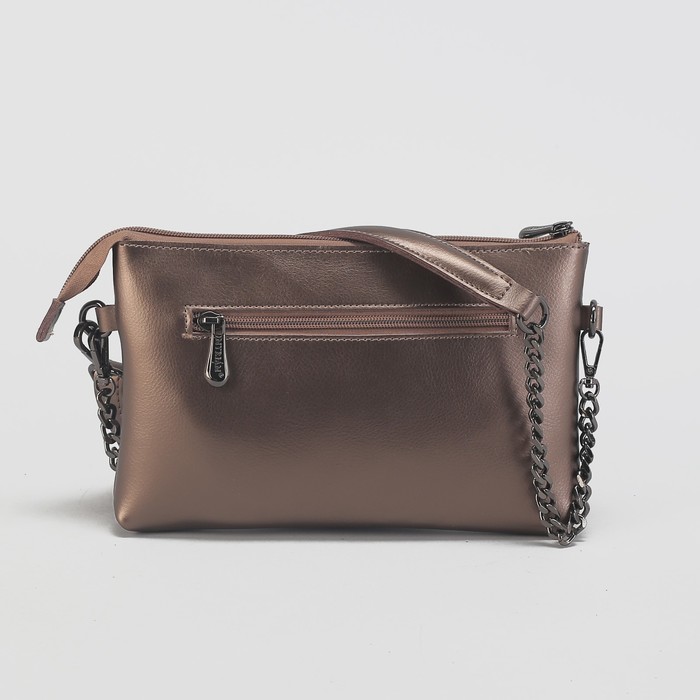 Клатч женский на молнии, 1 отдел с перегородкой, наружный карман, длинный ремень, цвет бронзовый