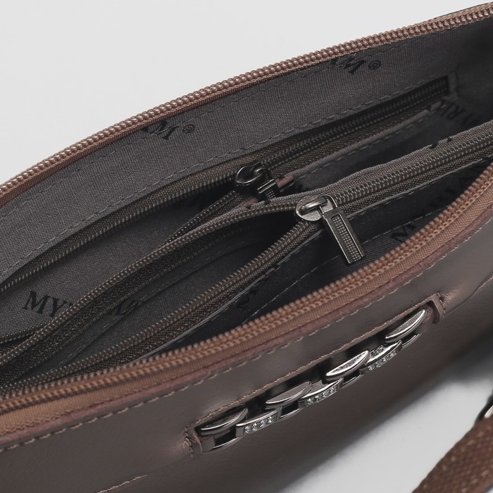 Клатч женский на молнии, 1 отдел с перегородкой, наружный карман, длинный ремень, цвет бронзовый