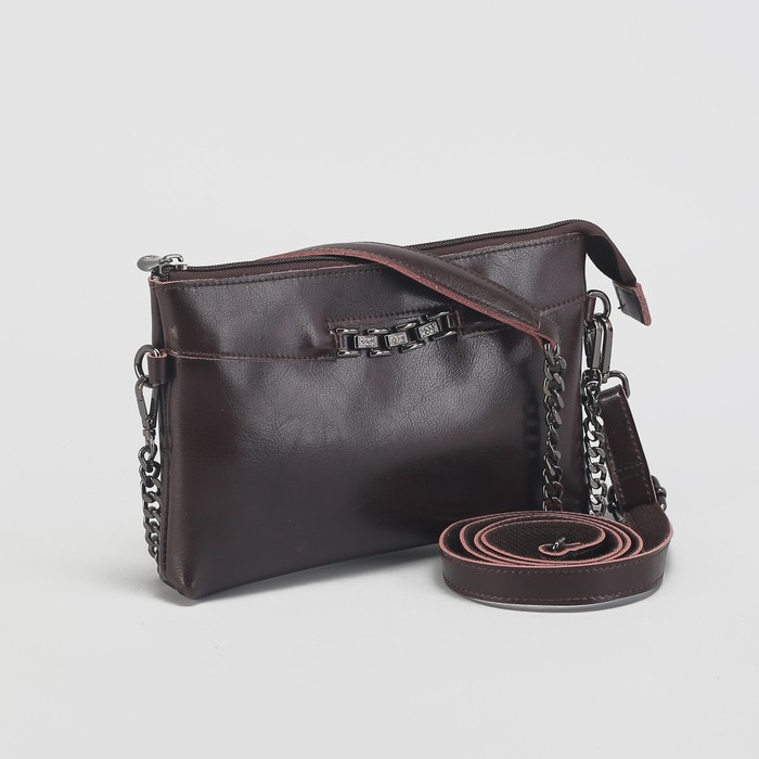 Клатч женский на молнии, 1 отдел с перегородкой, наружный карман, длинный ремень, цвет коричневый