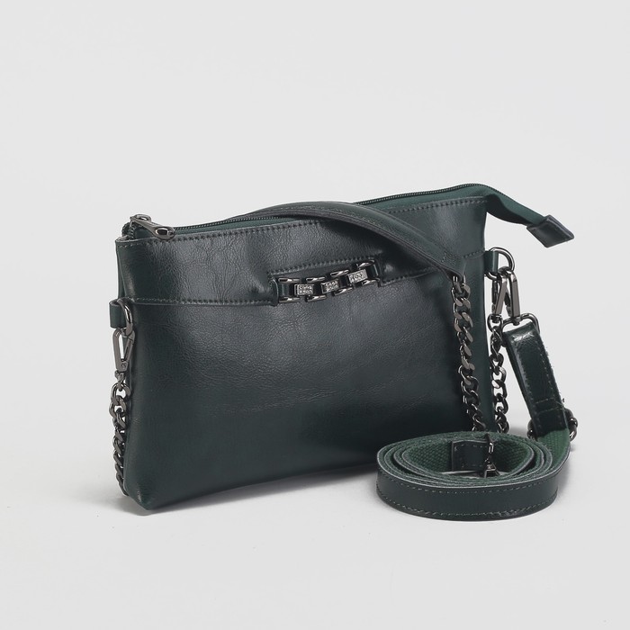 Клатч женский на молнии, 1 отдел с перегородкой, наружный карман, длинный ремень, цвет зелёный