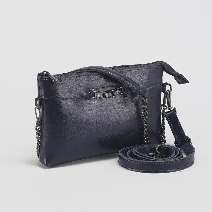 Клатч женский на молнии, 1 отдел с перегородкой, наружный карман, длинный ремень, цвет синий