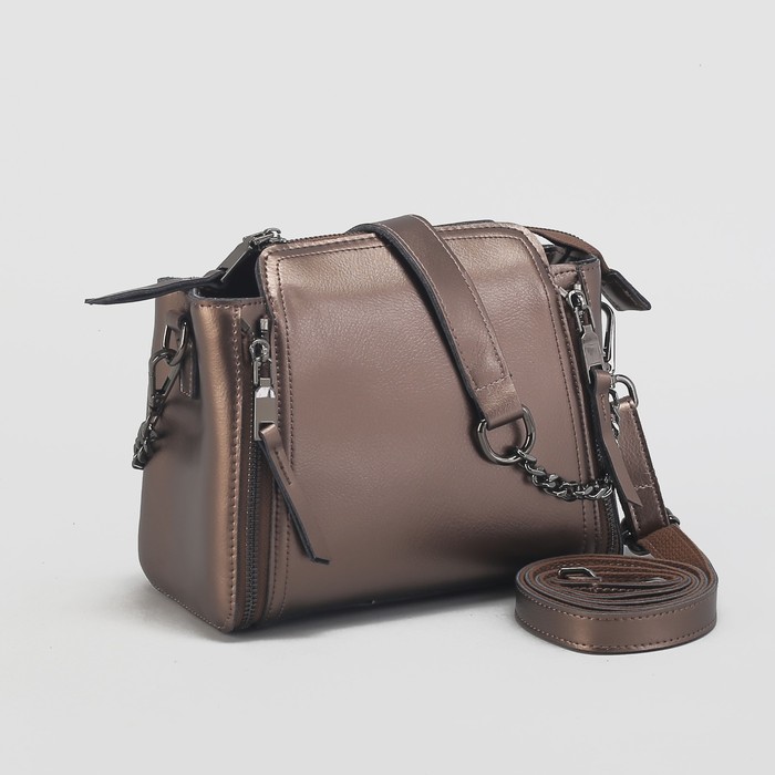 Сумка женская на молнии, 1 отдел с перегородкой, наружный карман, длинный ремень, цвет бронзовый