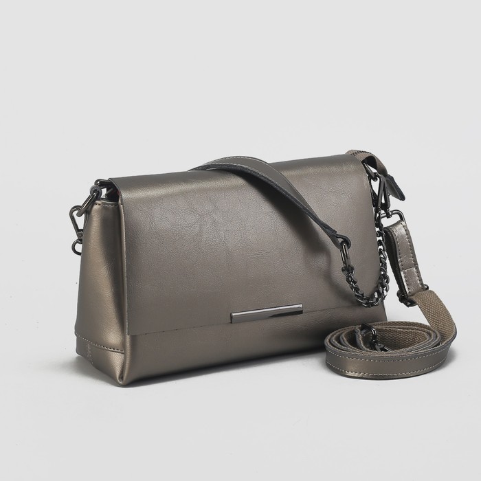 Сумка женская на молнии, 3 отдела, наружный карман, длинный ремень, цвет серебристый