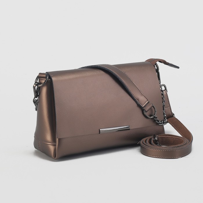 Сумка женская на молнии, 3 отдела, наружный карман, длинный ремень, цвет бронзовый