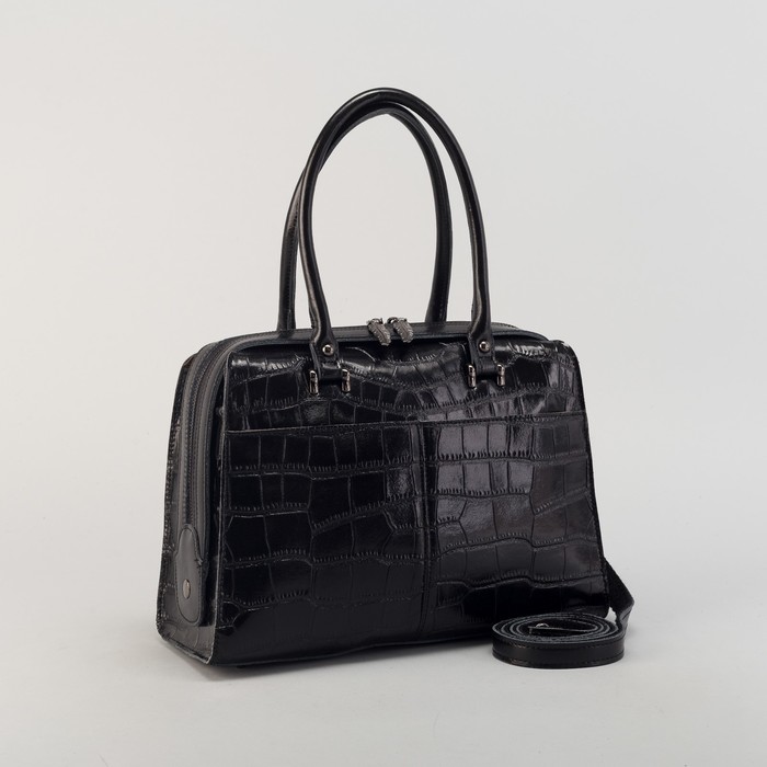 Сумка женская на молнии, 1 отдел, 3 наружных кармана, длинный ремень, цвет чёрный