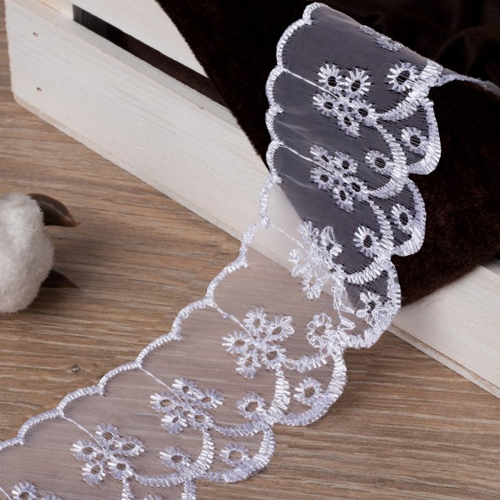 Кружево "Цветы", органза, ширина 50мм, 14±1м, цвет белый