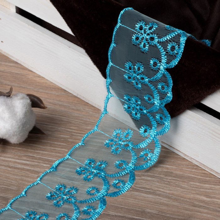 Кружево "Цветы", органза, ширина 50мм, 14±1м, цвет голубой