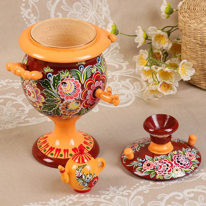 Набор «Самовар», сувенирный, чёрный, 7пр: самовар-0,5л, h=27см, кружка-10мл, D подноса-24см