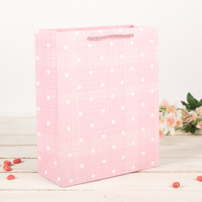 Пакет подарочный "Горошек", розовый, люкс, 20,5 х 9 х 25,5 см