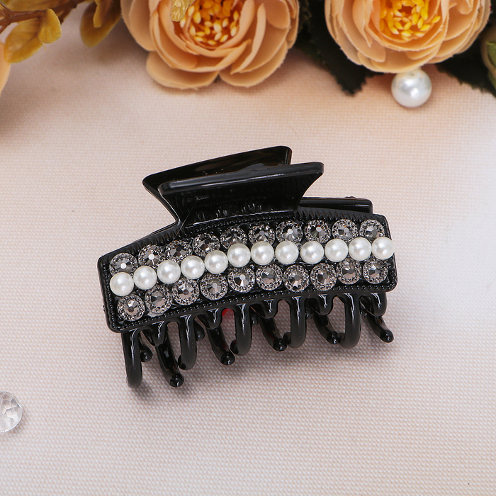 Краб для волос "Магнетик" 6 см, жемчужинки, чёрный