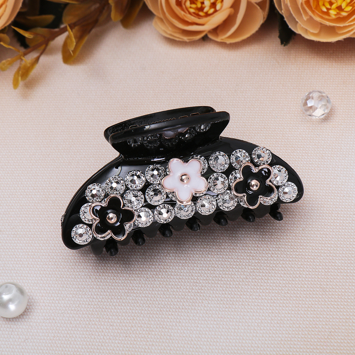 Краб для волос "Магнетик" 7 см, три цветка, чёрный