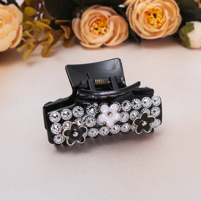 Краб для волос "Магнетик" 6 см, три цветка, чёрный, прямой