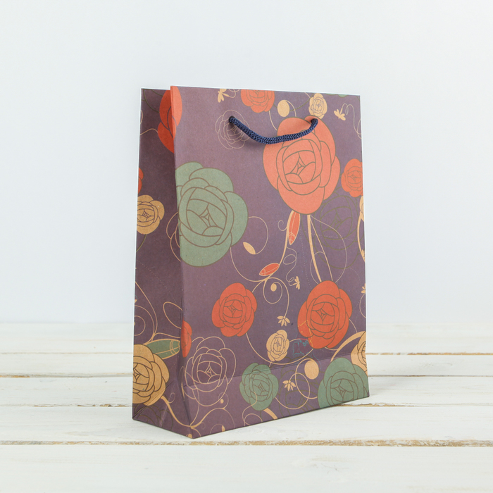 Пакет крафт "Цветочные узоры", 15 х 6 х 20 см