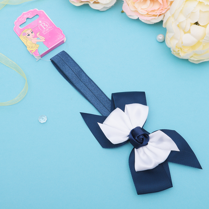 Повязка для волос "Умница" бело-синяя, роза синяя, 18 см