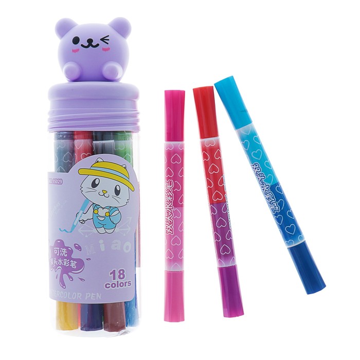 Фломастеры 9 штук - 18 цветов Зверьки, толстые, двусторонние, вентилируемый колпачок, МИКС