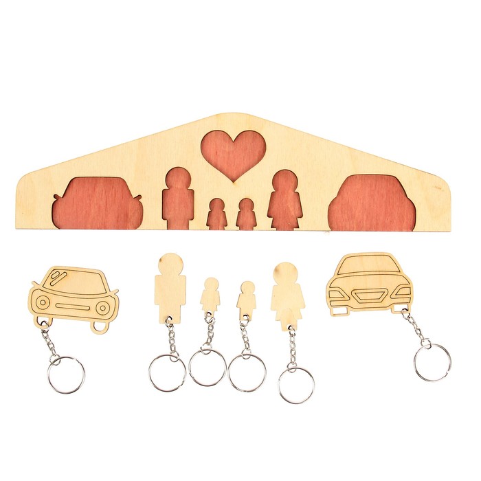 Ключница открытая фанера "Дом для троих" и 2 авто 8х28,5 см (набор 7 деталей)