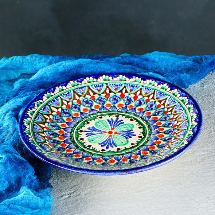 Тарелка Риштанская Керамика Цветы, 22 см, синяя