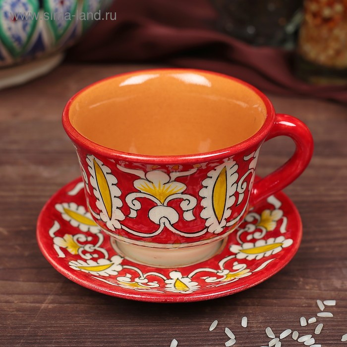 фото Чайная пара 0,1л (тарелка 10см, чашка 7,5см) красная риштанская керамика