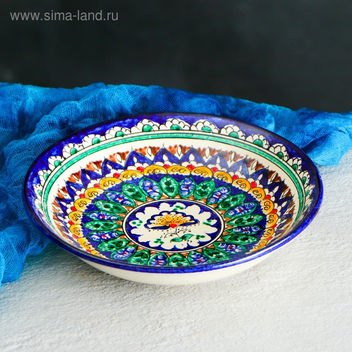 Тарелка Риштанская Керамика Узоры, синяя, глубокая, микс, 20 см