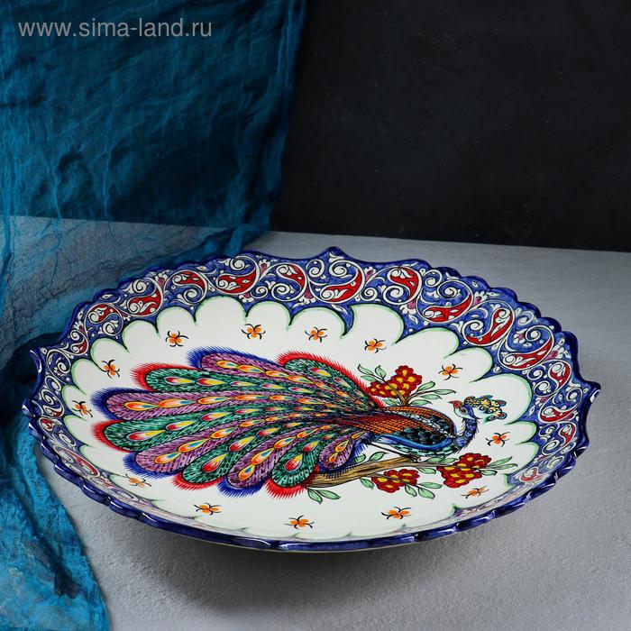 Ляган Риштанская Керамика Жар птица, 42 см, синий, рифлённый
