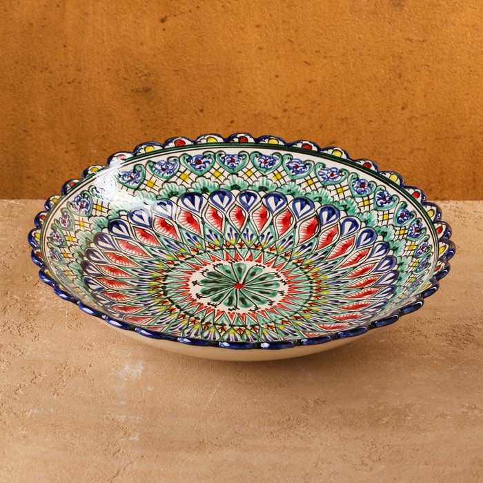 Ляган Риштанская Керамика Цветы, 32 см, синий, рифлёный, глубокий