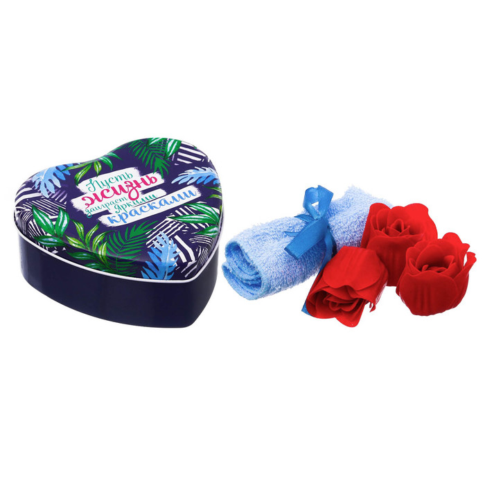 Набор "Пусть жизнь заиграет яркими красками!": 5 мыльных лепестков и полотенце в шкатулке