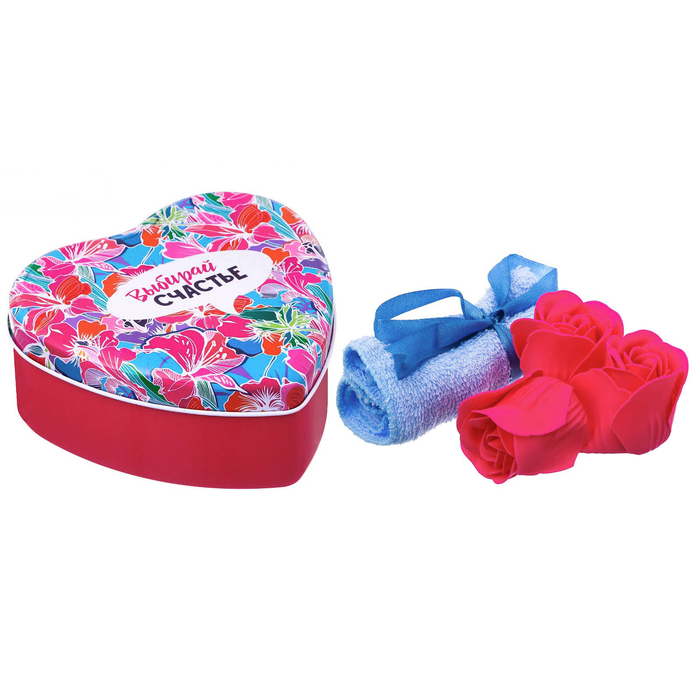 Набор "Выбирай счастье": 5 мыльных лепестков и полотенце в шкатулке