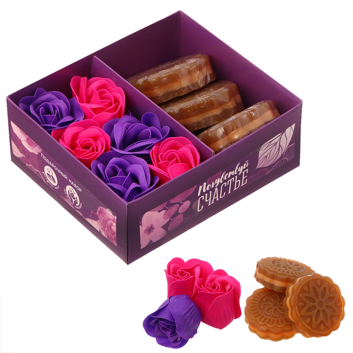 Подарочный набор "Почувствуй счастье": мыльные лепестки и мыло в форме пирожного