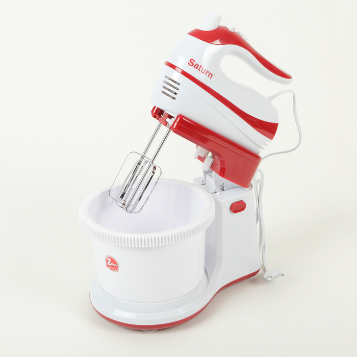 Миксер Saturn ST-FP1026, 300 Вт, чаша 2.7 л, 5 режимов, 2 пары насадок, белый/красный