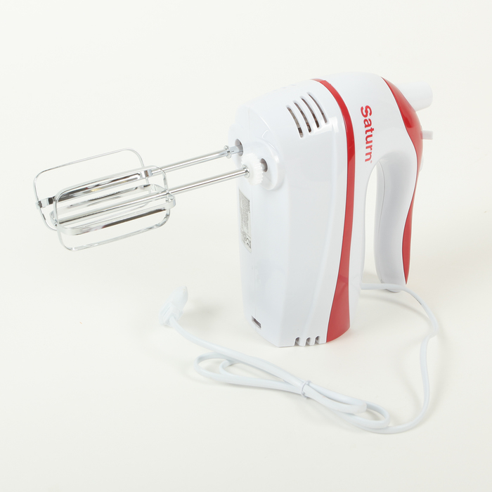 Миксер Saturn ST-FP1026, 300 Вт, чаша 2.7 л, 5 режимов, 2 пары насадок, белый/красный