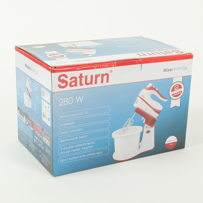 Миксер Saturn ST-FP1026, 300 Вт, чаша 2.7 л, 5 режимов, 2 пары насадок, белый/красный