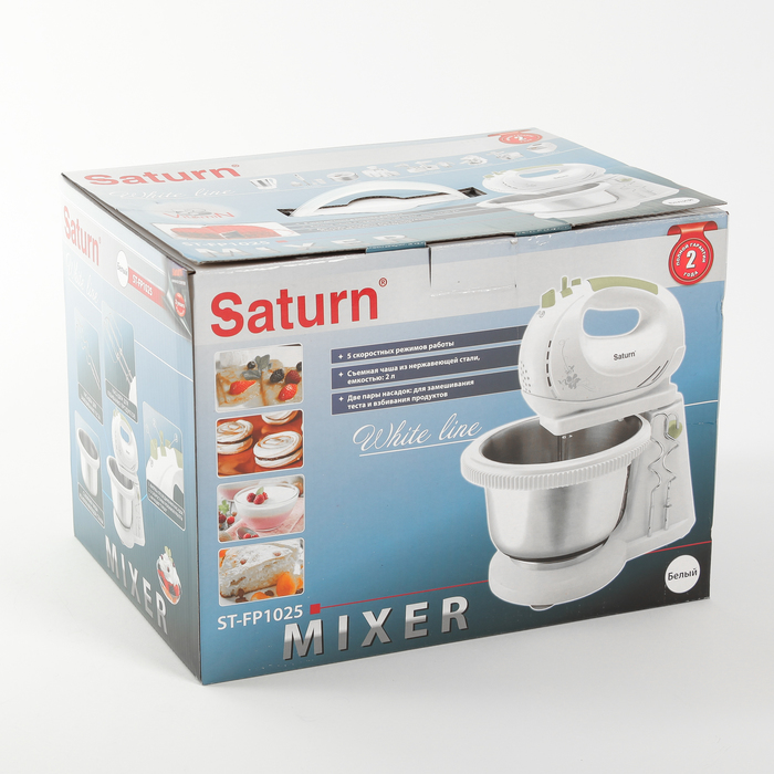 Миксер Saturn ST-FP1025, 280 Вт, чаша 2 л, 5 режимов, 2 пары насадок, белый