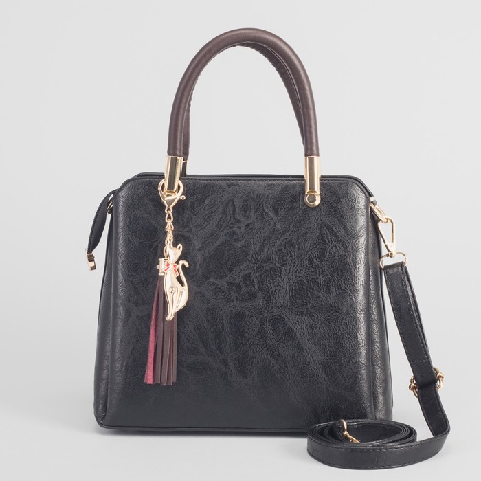 Сумка женская на молнии, 3 отдела, наружный карман, длинный ремень, цвет чёрный