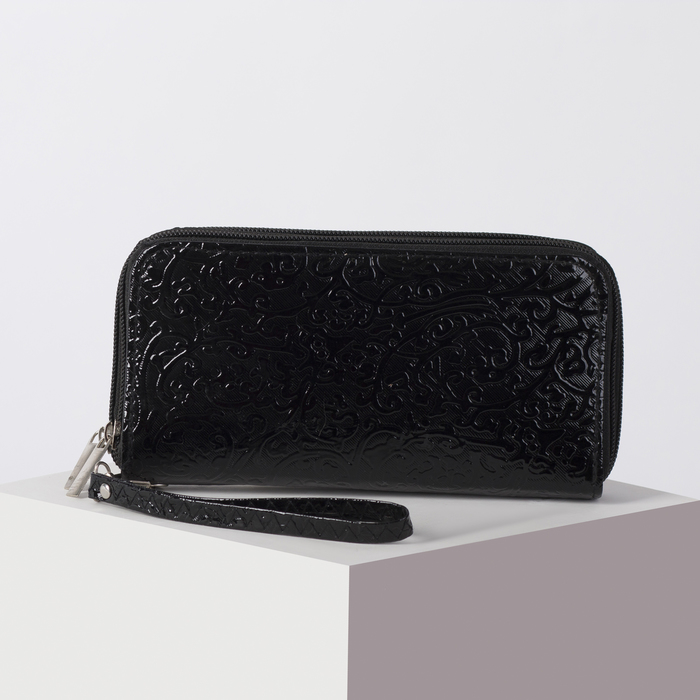 Кошелёк женский на молнии, 4 отдела, для монет, с ручкой, цвет чёрный