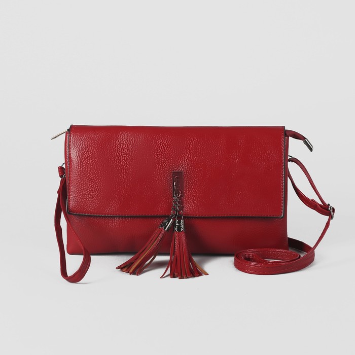 Клатч женский на молнии, 3 отдела, наружный карман, с ручкой, длинный ремень, цвет красный