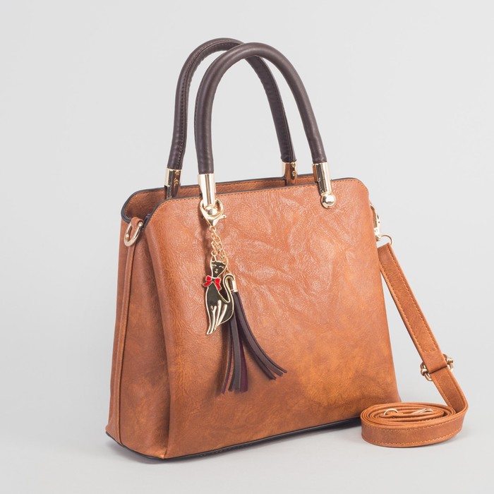 Сумка женская на молнии, 3 отдела, наружный карман, длинный ремень, цвет рыжий