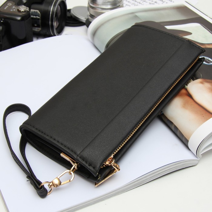 Клатч женский на молнии, 1 отдел с перегородкой, с ручкой, цвет чёрный