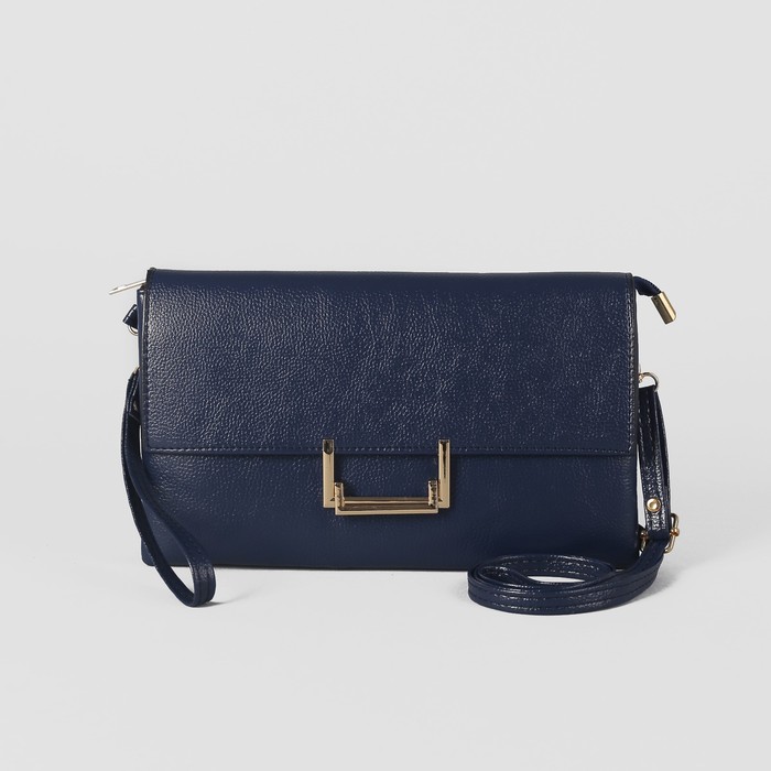 Клатч женский на молнии, 3 отдела, наружный карман, с ручкой, длинный ремень, цвет синий
