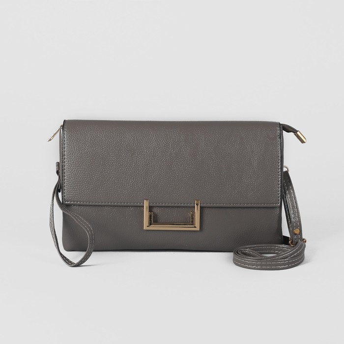 Клатч женский на молнии, 3 отдела, наружный карман, с ручкой, длинный ремень, цвет серый