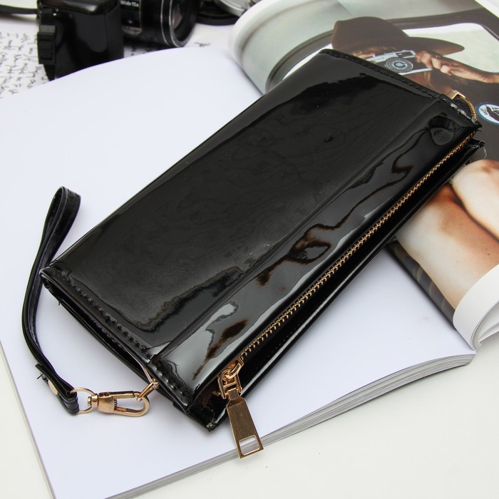 Клатч женский на молнии, 1 отдел с перегородкой, с ручкой, цвет чёрный