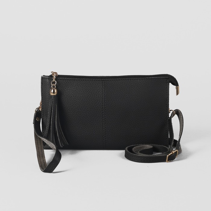 Клатч женский на молнии, 3 отдела, с ручкой, длинный ремень, цвет чёрный