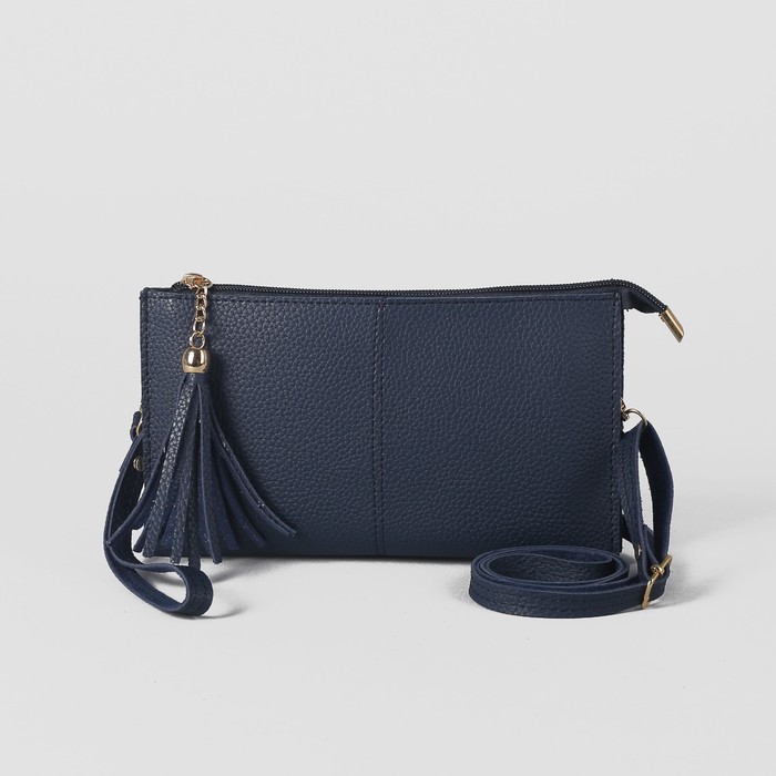 Клатч женский на молнии, 3 отдела, с ручкой, длинный ремень, цвет синий