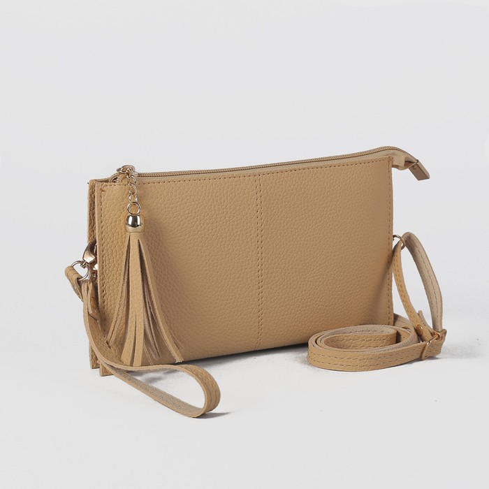 Клатч женский на молнии, 3 отдела, с ручкой, длинный ремень, цвет молочный