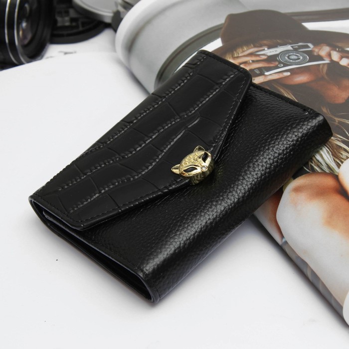 Кошелёк женский на кнопке, 3 отдела, для карт, наружный карман, цвет чёрный