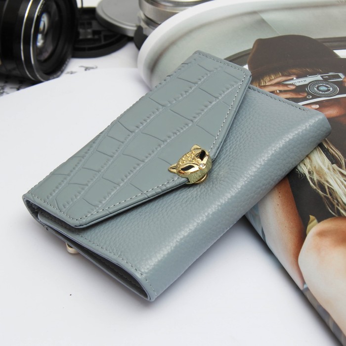 Кошелёк женский на кнопке, 3 отдела, для карт, наружный карман, цвет голубой